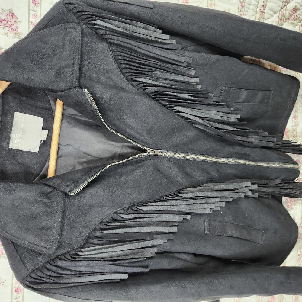 ASOS Black Fringe Moto Jacket Western Boho Festival Jacket - Picture 2 of 6